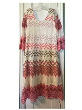 Chevron Lace Overlay Midi Dress in Coral, Pink and Cream